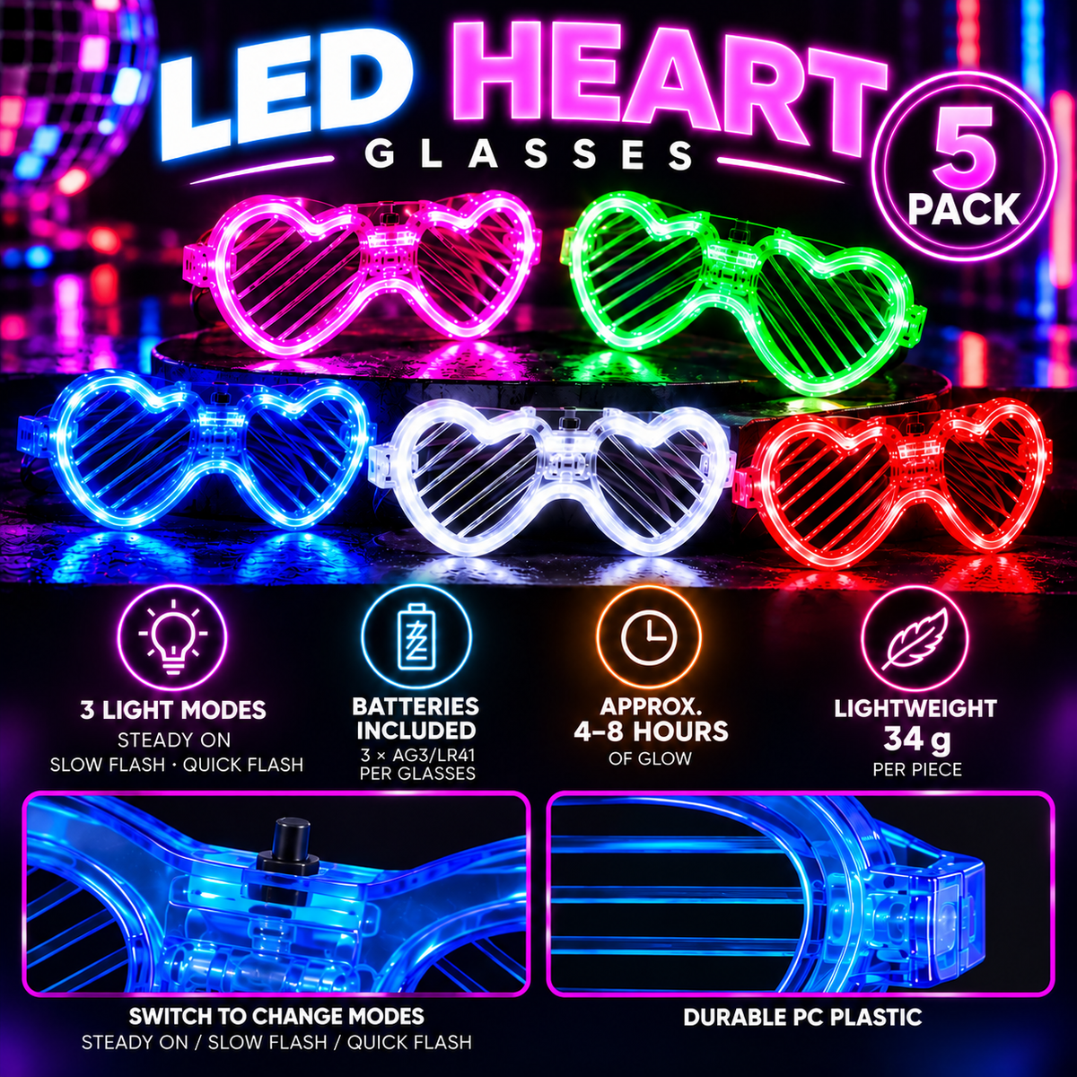 LED Heart Glasses 5 Pack