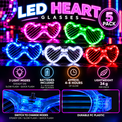 LED Heart Glasses 5 Pack