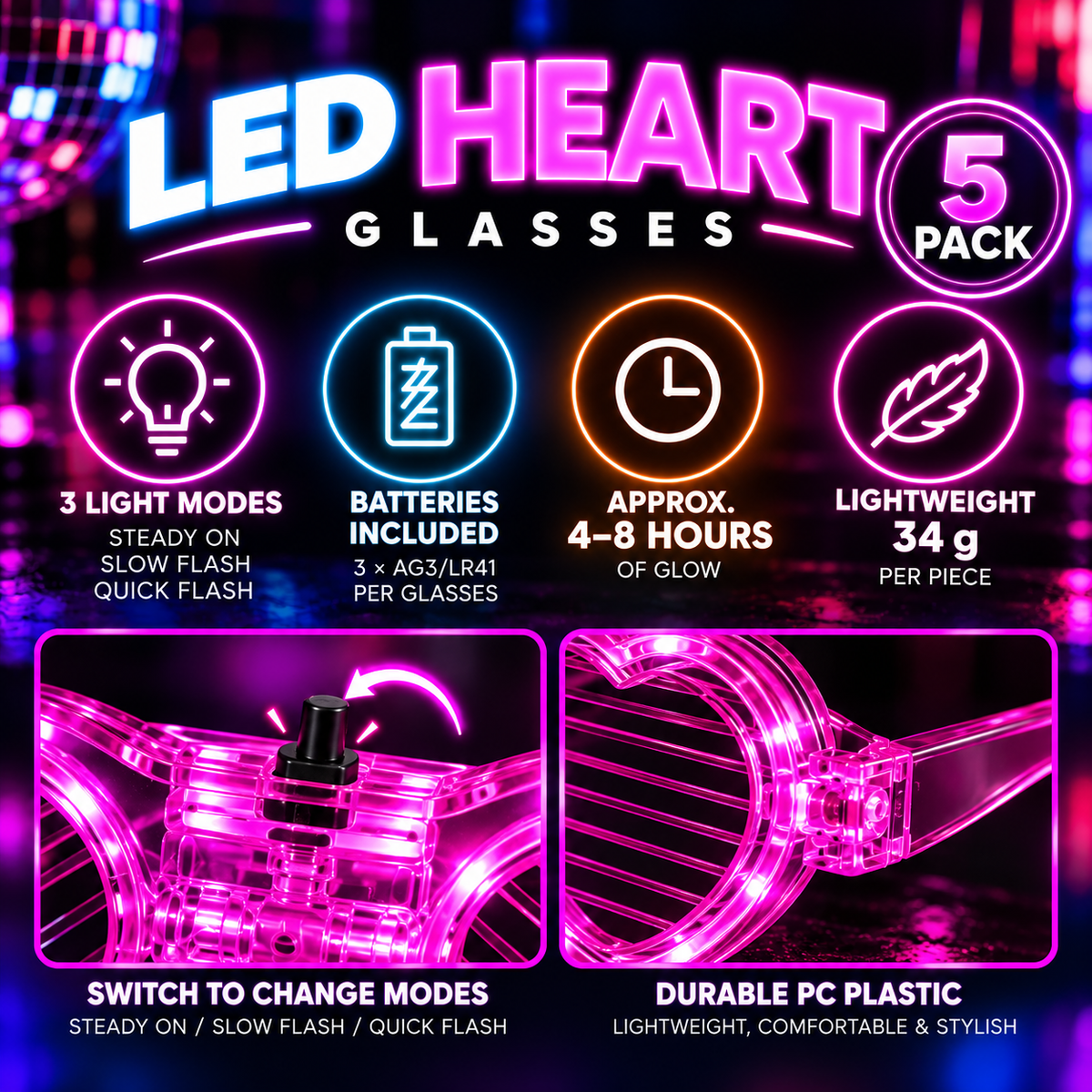 LED Heart Glasses 5 Pack