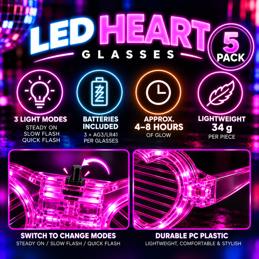 LED Heart Glasses 5 Pack