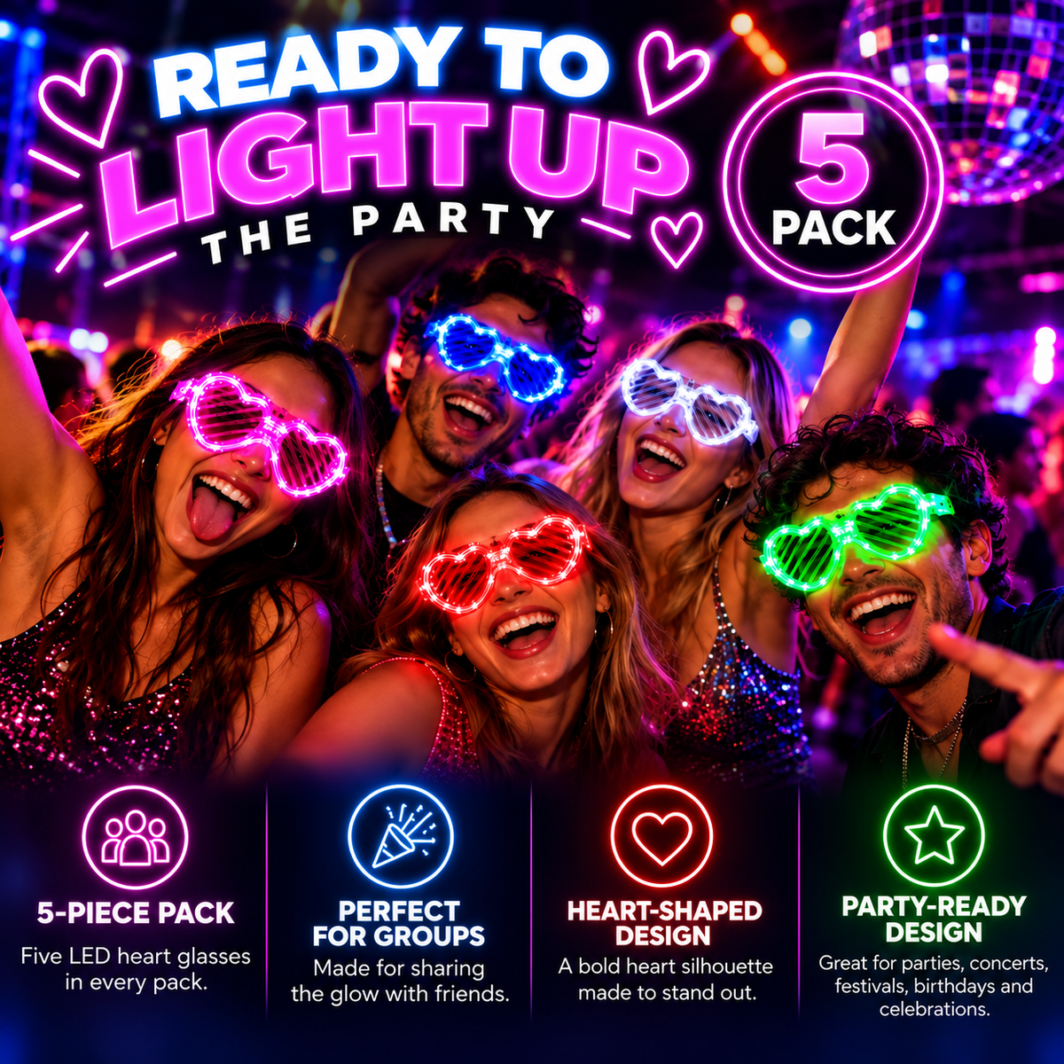 LED Heart Glasses 5 Pack